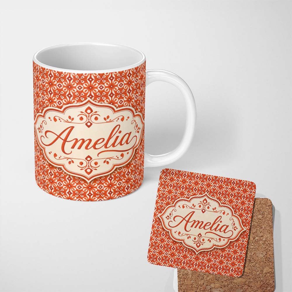 Personalized Custom Name Orange Geometric Floral Tile Seamless Pattern Design Lovely 11oz Ceramic Coffee Tea Mug White Large Handle