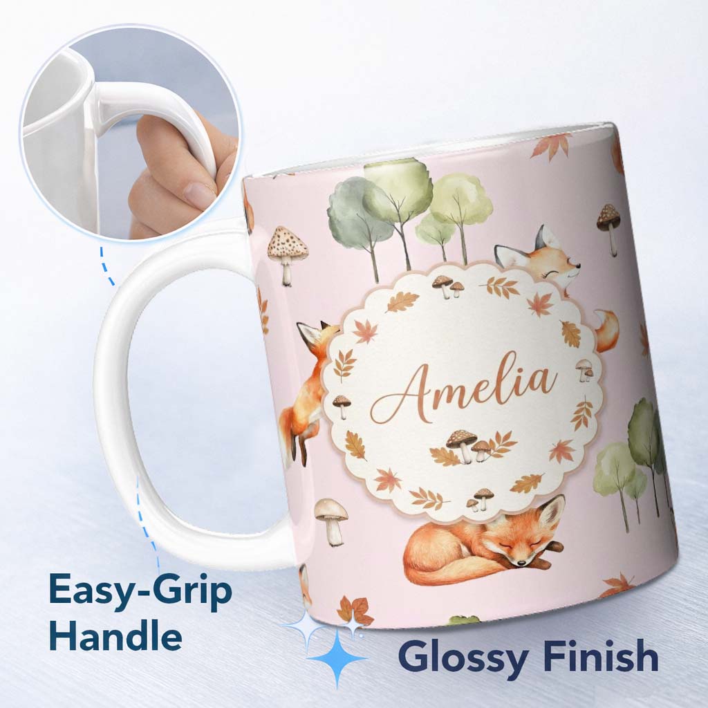 Personalized Custom Name Watercolor Woodland Fox Mushroom Autumn on Dusty Pink Background 11oz Ceramic Coffee Tea Mug White Large Handle