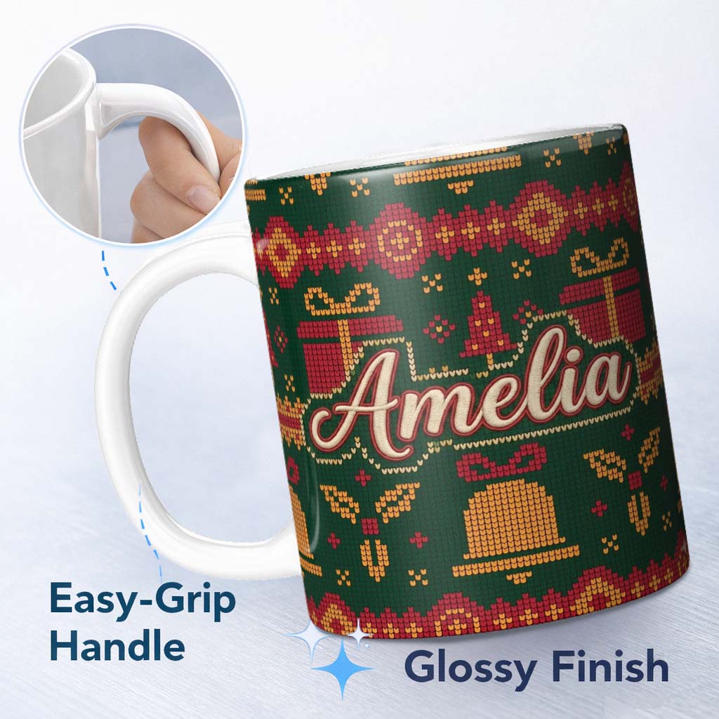 Personalized Custom Name Cute Green Christmas Gift Box Bow Ornament Festive Knitted Seamless 11oz Ceramic Coffee Tea Mug White Large Handle