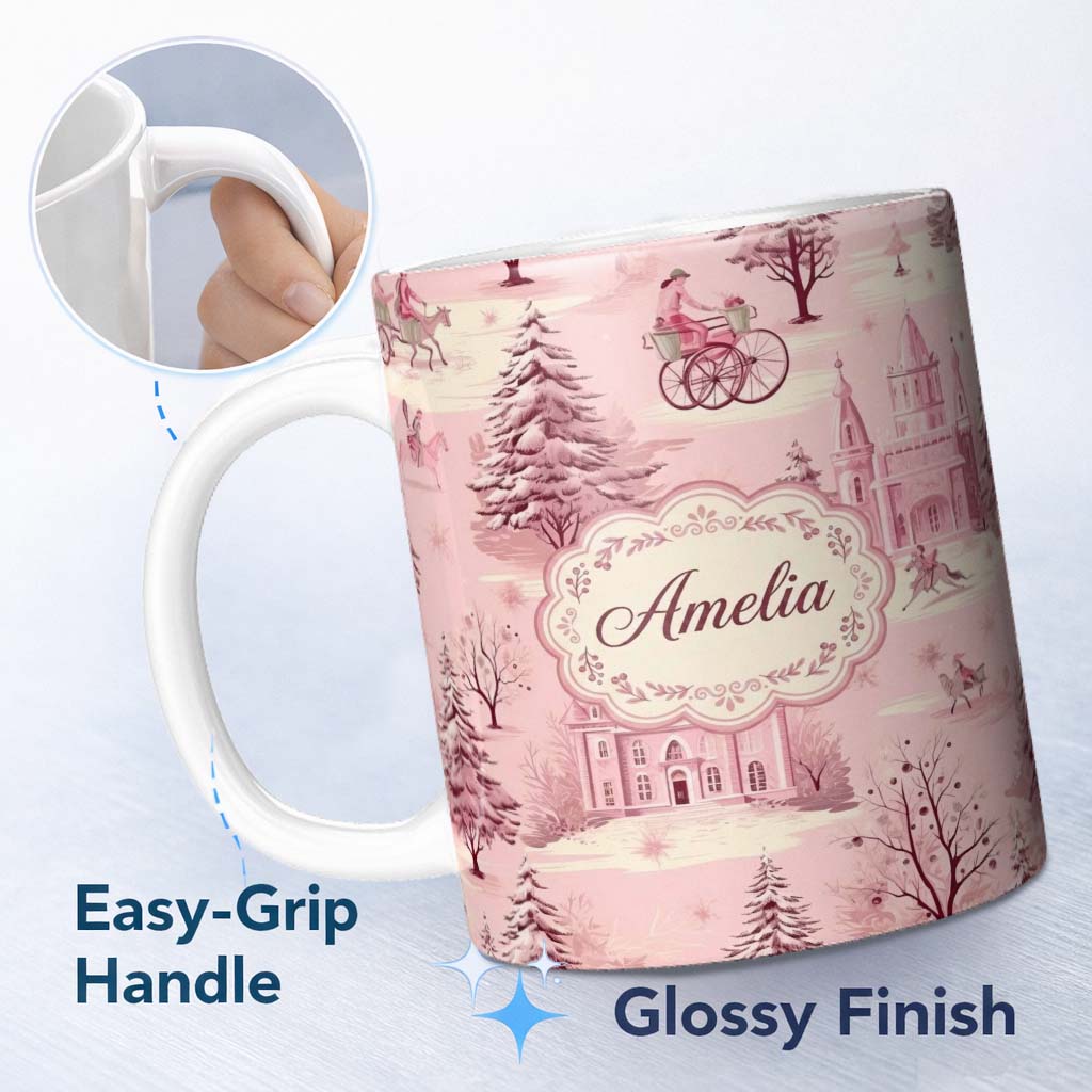 Personalized Custom Name Vintage Pink Christmas Village Winter Scene Seamless Pattern Lovely 11oz Ceramic Coffee Tea Mug White Large Handle