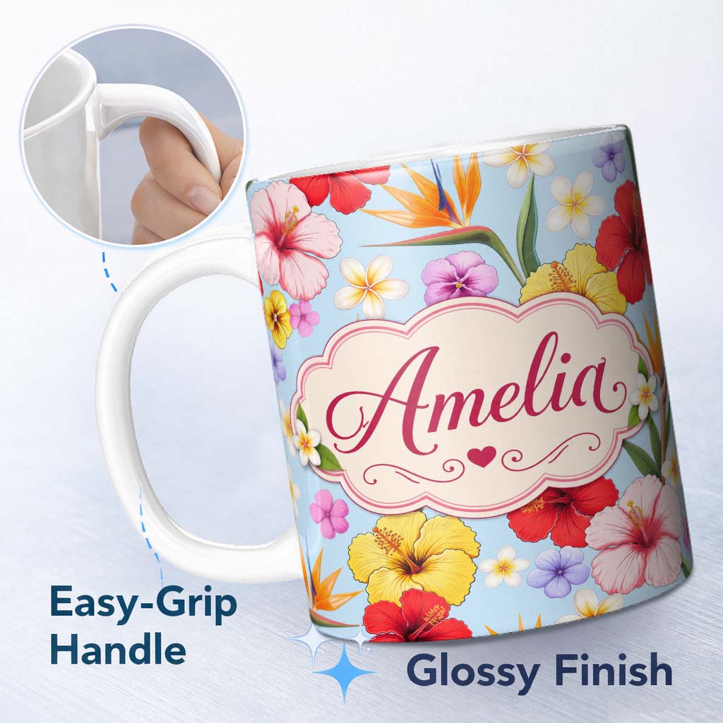 Personalized Custom Name Tropical Hibiscus Bird of Paradise Seamless Pattern Blue Background 11oz Ceramic Coffee Tea Mug White Large Handle