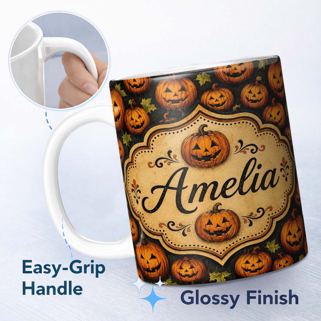 Personalized Custom Name Rustic Autumn Pumpkin Patch with Leaves on Dark Wood Background 11oz Ceramic Coffee Tea Mug White Large Handle