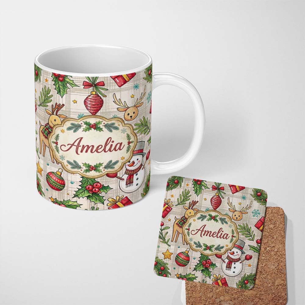 Personalized Custom Name Festive Christmas Reindeer Wreath Snowman Seamless Pattern Lovely 11oz Ceramic Coffee Tea Mug White Large Handle