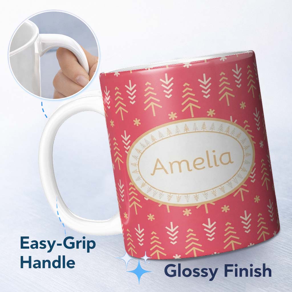 Personalized Custom Name Minimalist Christmas Tree Arrow Pattern Red Gold Festive Seamless 11oz Ceramic Coffee Tea Mug White Large Handle
