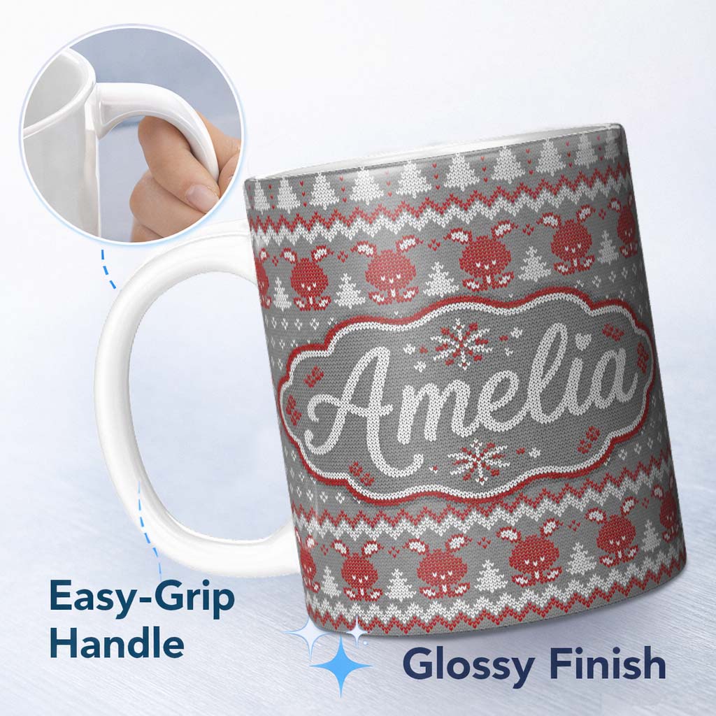 Personalized Custom Name Cute Christmas Bunny Hearts and Trees Knitted Style Seamless Pattern 11oz Ceramic Coffee Tea Mug White Large Handle