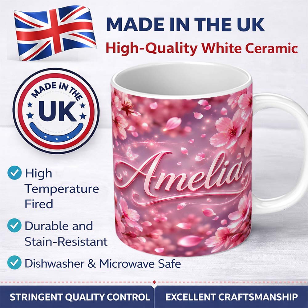 Personalized Custom Name Dreamy Pink Cherry Blossom Branches with Soft Focus Gentle Spring 11oz Ceramic Coffee Tea Mug White Large Handle