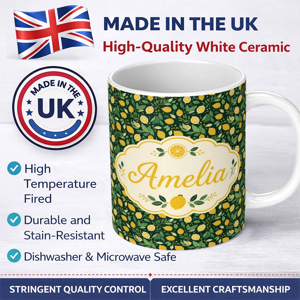 Personalized Custom Name Decorative Lemon and Citrus Slice Deep Green Background Design 11oz Ceramic Coffee Tea Mug White Large Handle