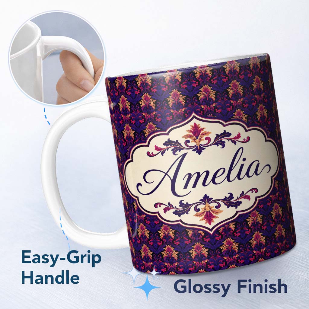 Personalized Custom Name Bold Purple and Magenta Floral Damask Luxury Seamless Pattern Lovely 11oz Ceramic Coffee Tea Mug White Large Handle