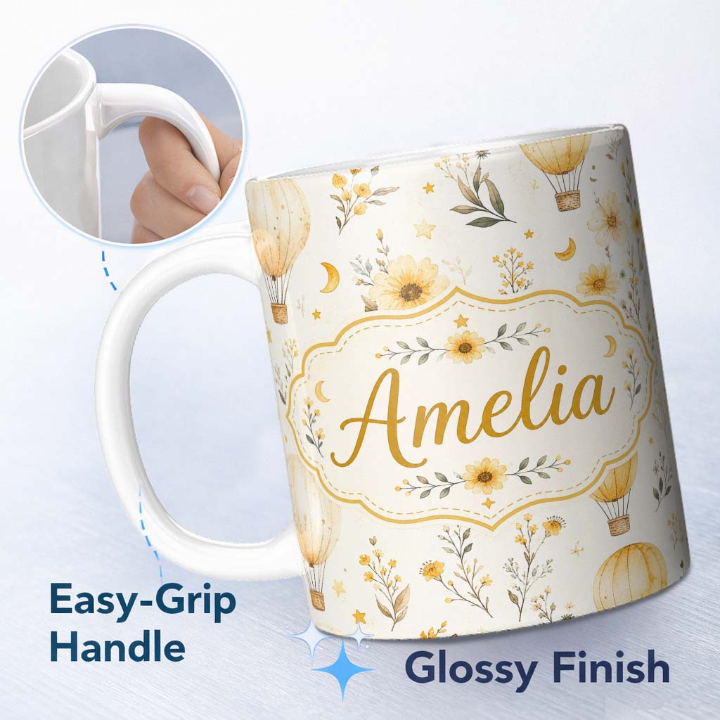 Personalized Custom Name Vintage Hot Air Balloons with Yellow Floral Background Seamless 11oz Ceramic Coffee Tea Mug White Large Handle