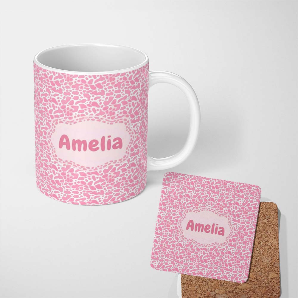 Personalized Custom Name Pink Abstract Animal Print Seamless Pattern Soft Organic Shape 11oz Ceramic Coffee Tea Mug White Large Handle