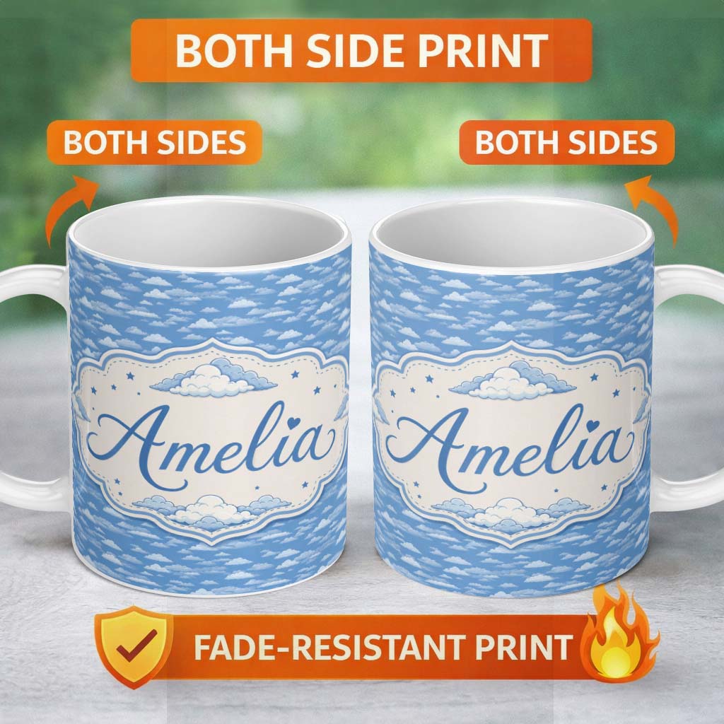 Personalized Custom Name Light Blue Sky Cloud Pattern Soft Gradient Seamless Design Lovely 11oz Ceramic Coffee Tea Mug White Large Handle
