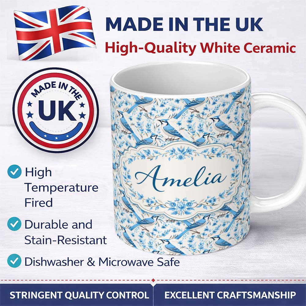 Personalized Custom Name Blue Jay Bird Delicate Floral Seamless Soft Blue Botanical Nature 11oz Ceramic Coffee Tea Mug White Large Handle