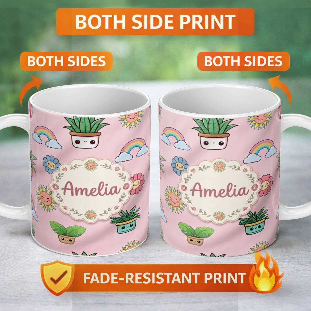 Personalized Custom Name Cute Kawaii Rainbow Sun Flowers Plant Pots Seamless Pattern Pink 11oz Ceramic Coffee Tea Mug White Large Handle