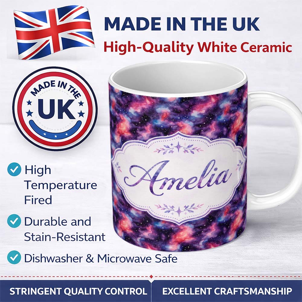 Personalized Custom Name Watercolor Nebula Galaxy Pink Purple Space Seamless Pattern Artistic 11oz Ceramic Coffee Tea Mug White Large Handle