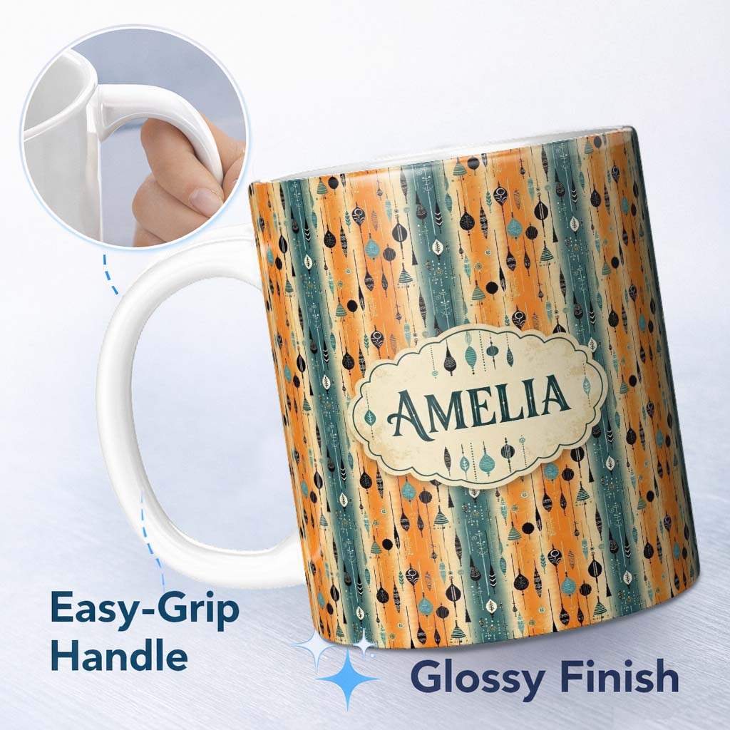 Personalized Custom Name Scandinavian Hanging Ornaments Orange Teal Seamless Pattern Lovely 11oz Ceramic Coffee Tea Mug White Large Handle