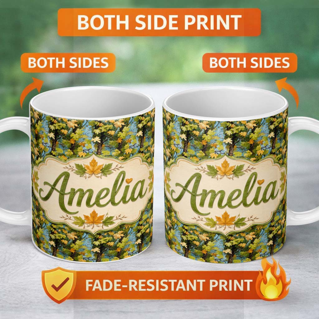 Personalized Custom Name Autumn Tree Branch Pattern with Green and Yellow Leaves on Blue 11oz Ceramic Coffee Tea Mug White Large Handle