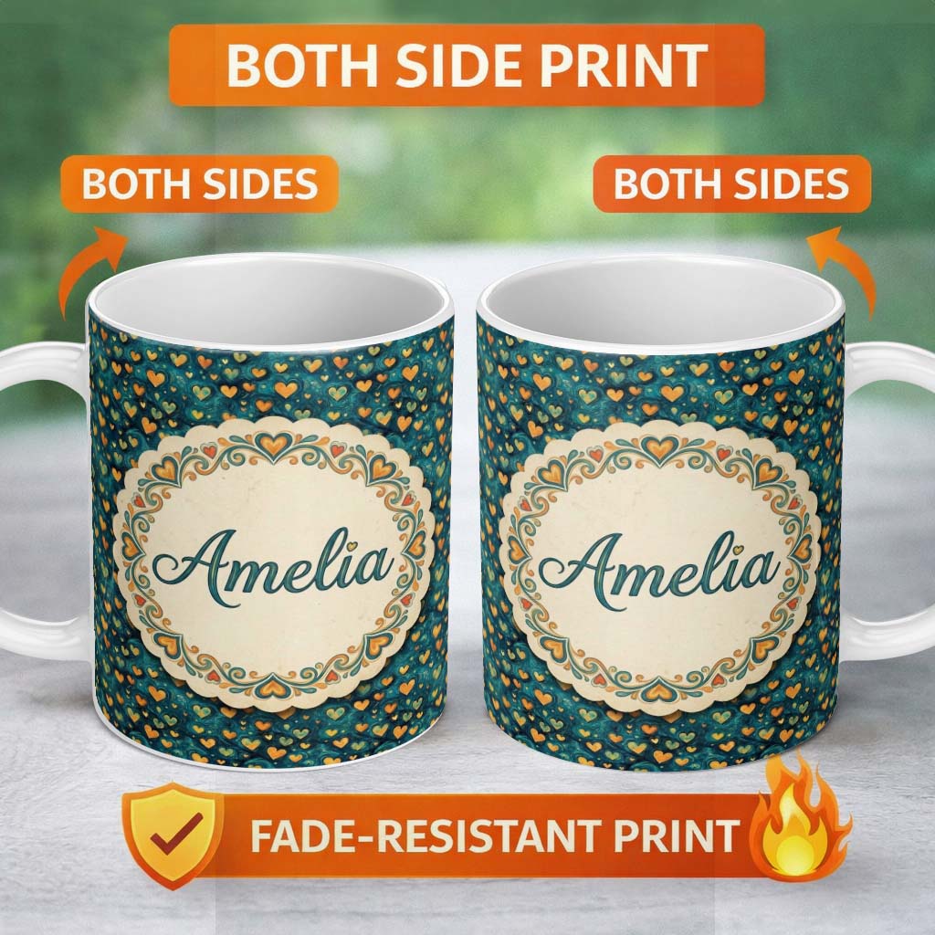 Personalized Custom Name Artistic Blue and Gold Heart Swirl Textured Seamless Pattern Lovely 11oz Ceramic Coffee Tea Mug White Large Handle