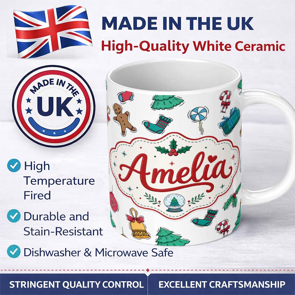 Personalized Custom Name Cute Gingerbread Cookie Ornament Bell Tree Seamless Pattern Lovely 11oz Ceramic Coffee Tea Mug White Large Handle