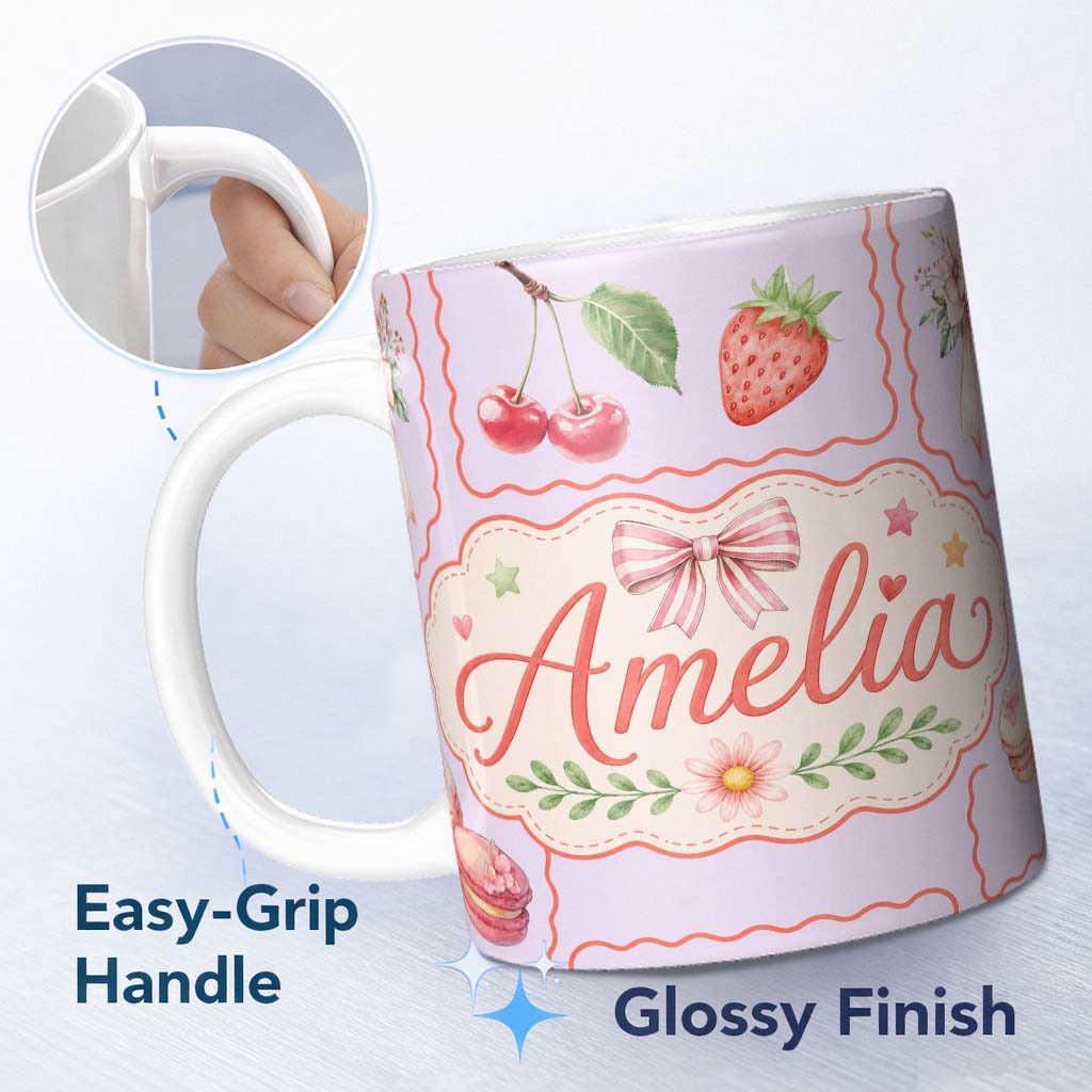 Personalized Custom Name Cute Watercolor Cherry Strawberry RibbonBow Macaron Frame Soft Lilac 11oz Ceramic Coffee Tea Mug White Large Handle