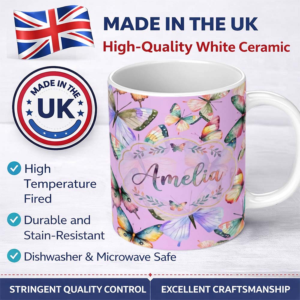 Personalized Custom Name Pastel Watercolor Butterflies Lavender Background Seamless Pattern 11oz Ceramic Coffee Tea Mug White Large Handle