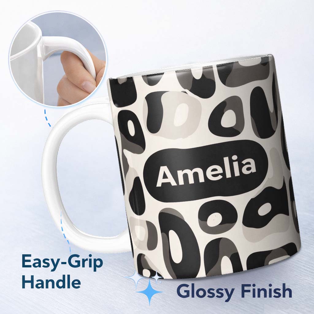 Personalized Custom Name Soft Rounded Shapes Black Grey Minimal Abstract Pattern Lovely 11oz Ceramic Coffee Tea Mug White Large Handle