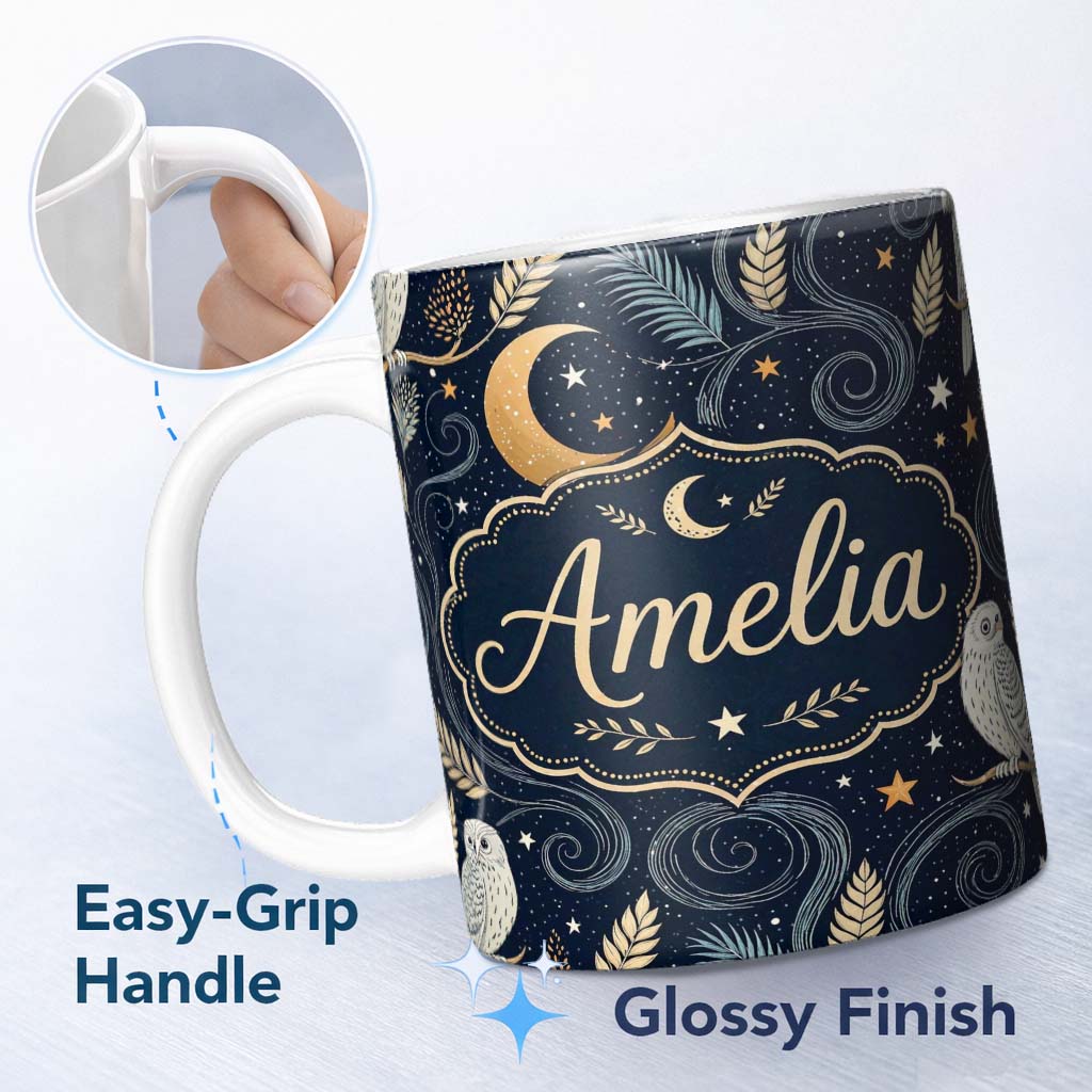 Personalized Custom Name Moon Floral Night Sky Botanical Seamless Pattern Cute Unique Gift 11oz Ceramic Coffee Tea Mug White Large Handle