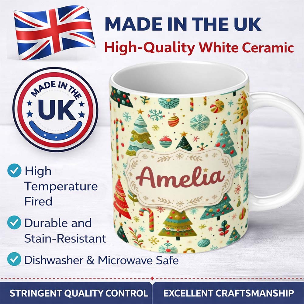 Personalized Custom Name Whimsical Christmas Trees with Candy Canes Baubles and Snowflakes 11oz Ceramic Coffee Tea Mug White Large Handle