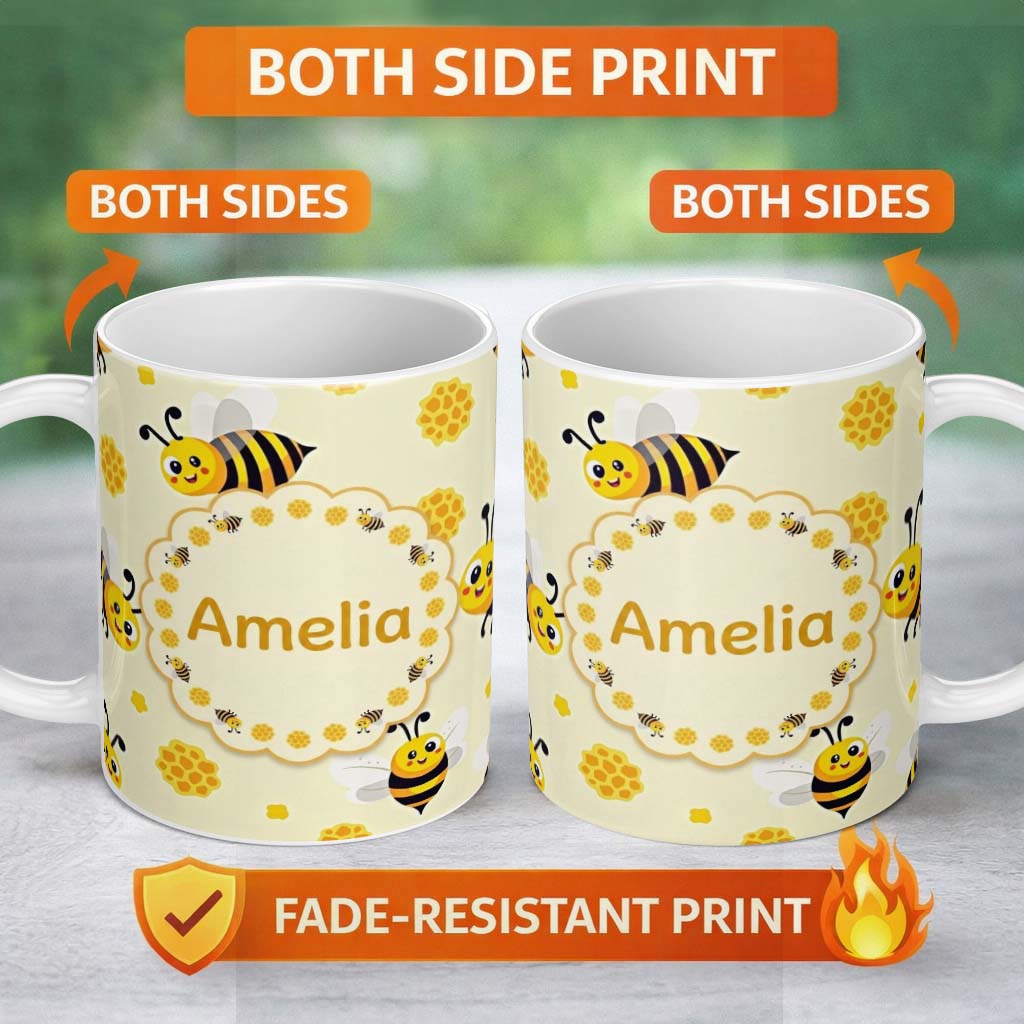 Personalized Custom Name Cute Bees Honeycomb Sweet Kawaii Insects Seamless Pattern Lovely 11oz Ceramic Coffee Tea Mug White Large Handle