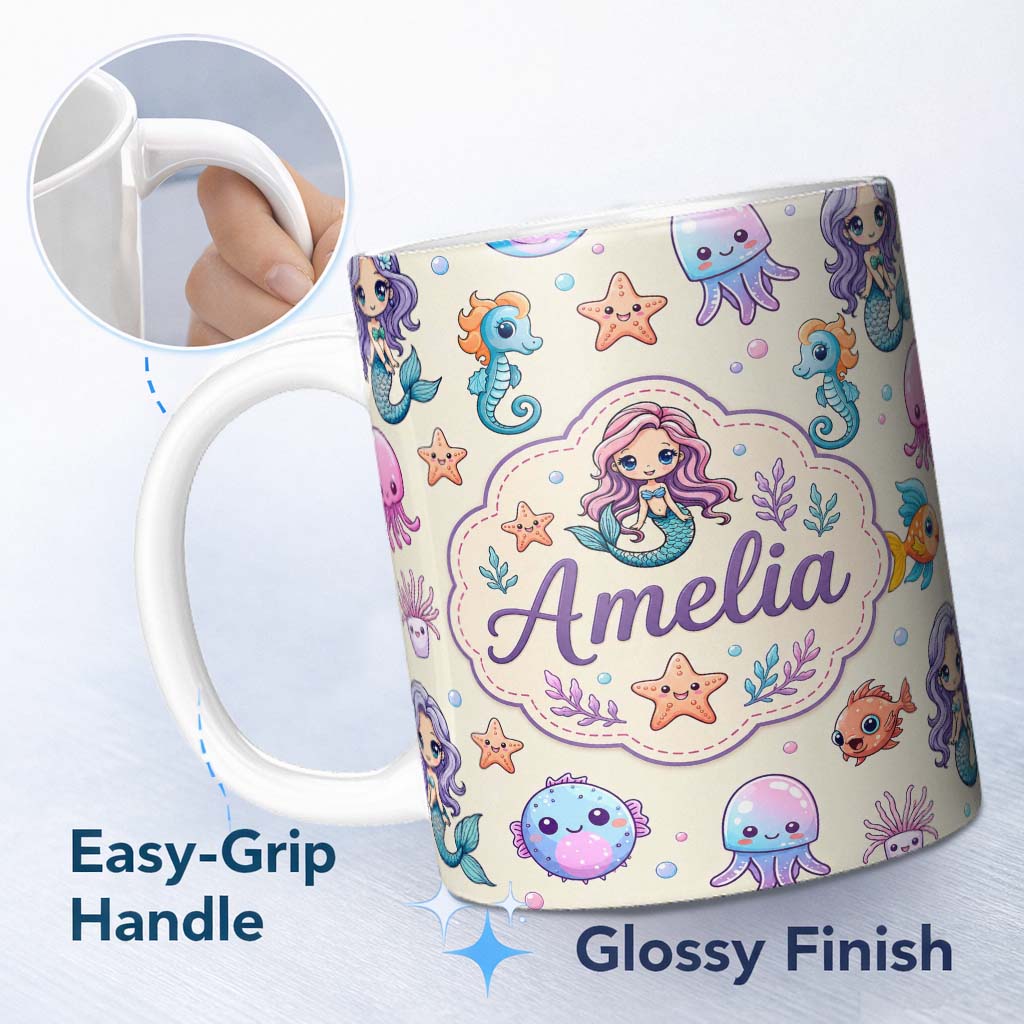 Personalized Custom Name Cute Cartoon Mermaid with Sea Creatures on Light Background Kids 11oz Ceramic Coffee Tea Mug White Large Handle