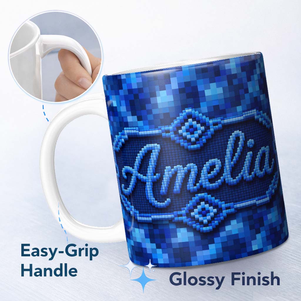 Personalized Custom Name Blue Pixel Mosaic Gradient Abstract Seamless Pattern Lovely 11oz Ceramic Coffee Tea Mug White Large Handle