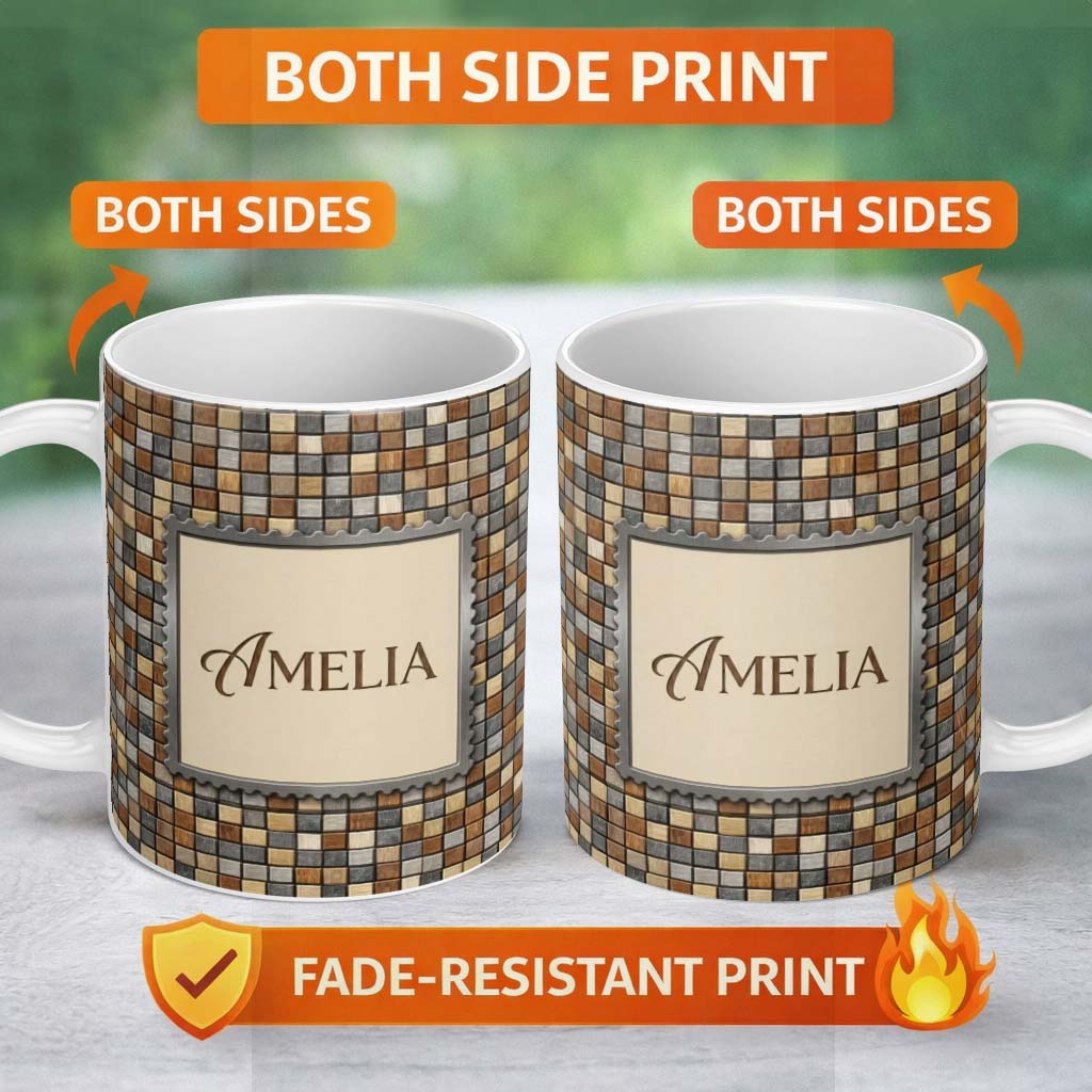 Personalized Custom Name Wood Tile Square Natural Texture Seamless Pattern Cute Unique Gift 11oz Ceramic Coffee Tea Mug White Large Handle