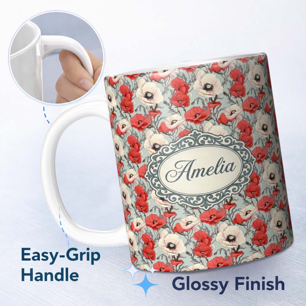 Personalized Custom Name Red and White Poppy Botanical Vintage Seamless Pattern Lovely 11oz Ceramic Coffee Tea Mug White Large Handle