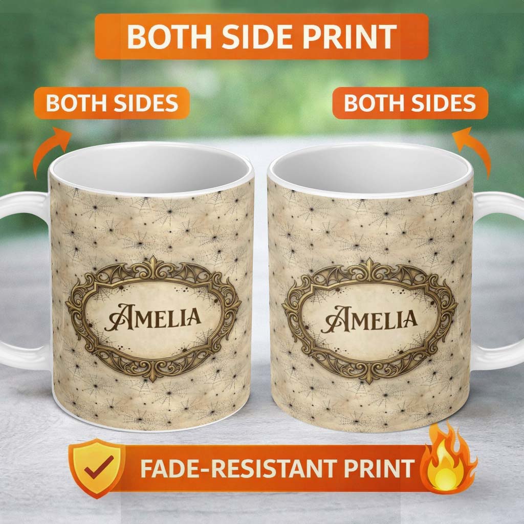 Personalized Custom Name Neutral Spider Web Halloween Seamless Pattern Cute Unique Gift 11oz Ceramic Coffee Tea Mug White Large Handle