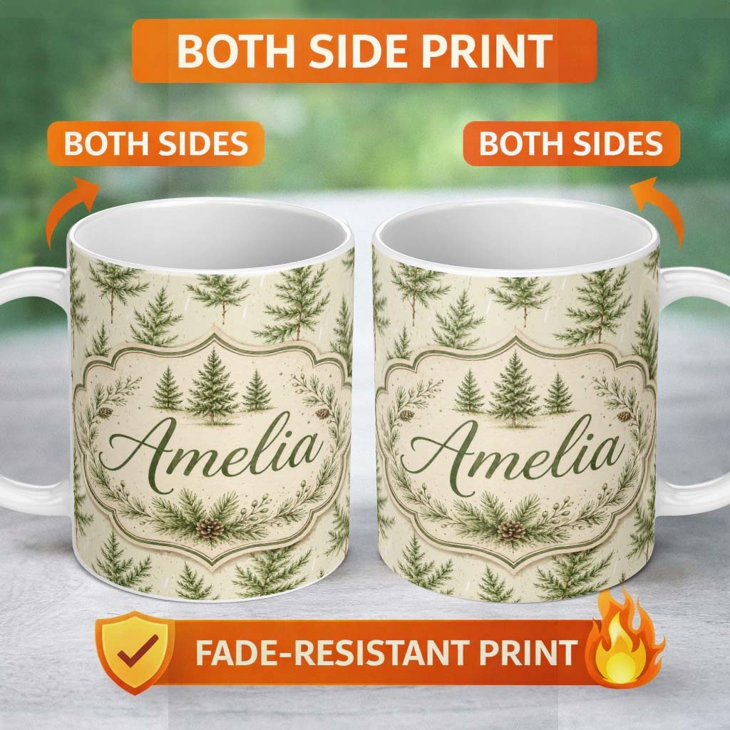 Personalized Custom Name Delicate Pine Branch Trees Light Neutral Seamless Pattern Lovely 11oz Ceramic Coffee Tea Mug White Large Handle