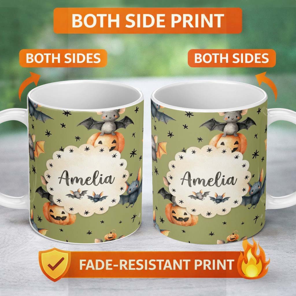 Personalized Custom Name Cute Halloween Bats Sitting on Pumpkins with Stars Olive Background 11oz Ceramic Coffee Tea Mug White Large Handle
