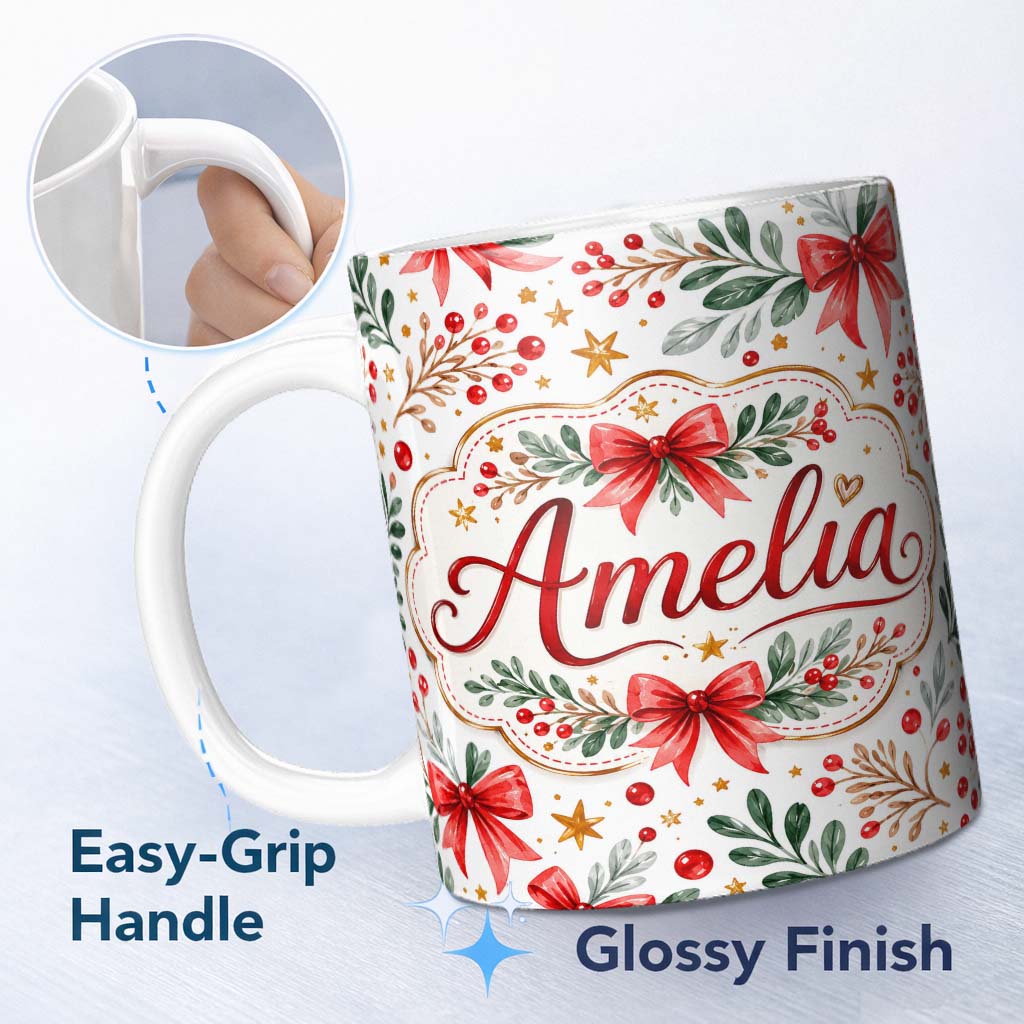 Personalized Custom Name Elegant Christmas Bows Holly Leaves Berries Watercolor Seamless 11oz Ceramic Coffee Tea Mug White Large Handle