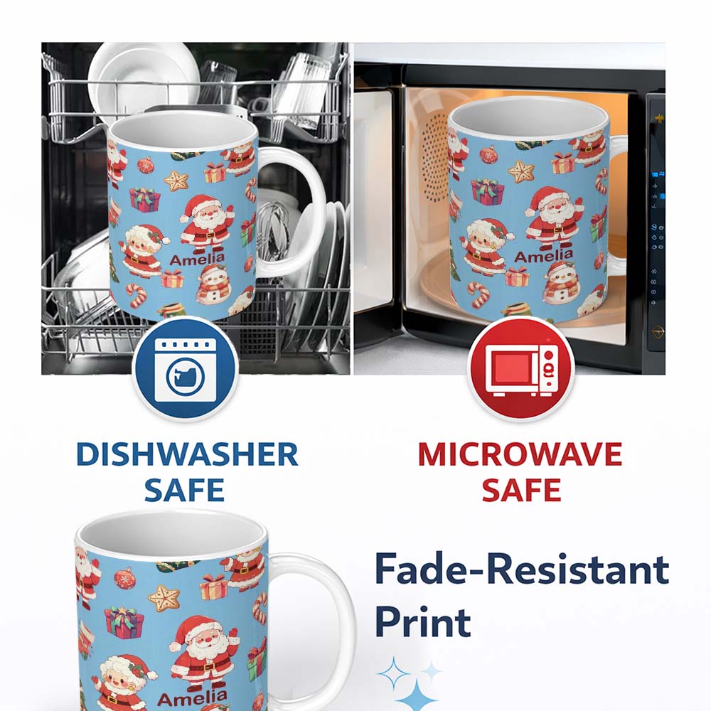 Personalized Custom Name Cute Santa Claus Mrs Claus Snowman Christmas Gift Pattern Blue 11oz Ceramic Coffee Tea Mug White Large Handle