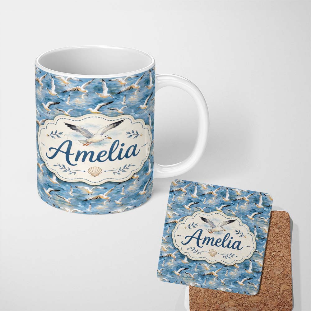 Personalized Custom Name Soft Watercolor Seagulls in Flight Over Sea Seamless Pattern Lovely 11oz Ceramic Coffee Tea Mug White Large Handle