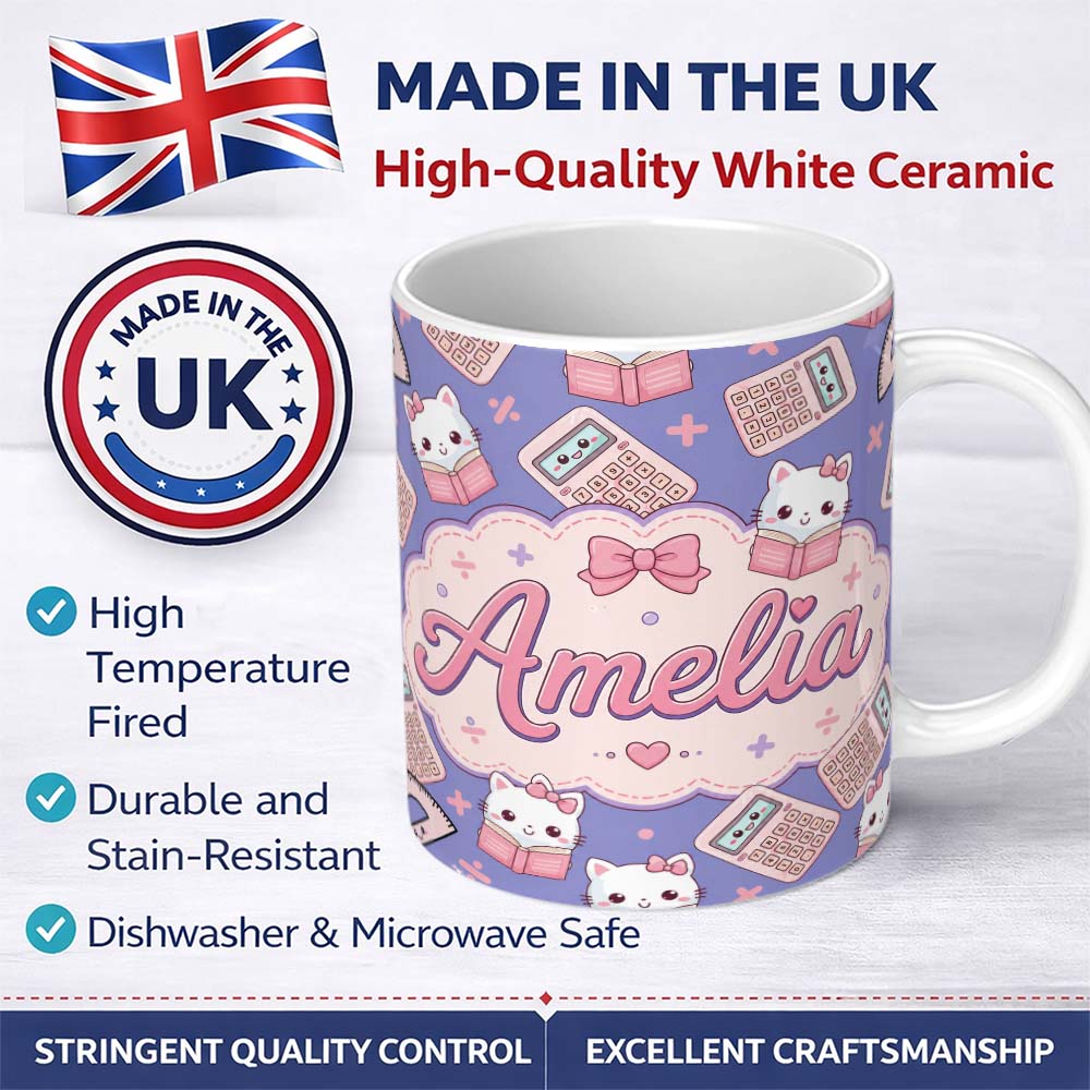 Personalized Custom Name Cute Kawaii Maths Cat Calculator Ruler Seamless Pattern Purple 11oz Ceramic Coffee Tea Mug White Large Handle