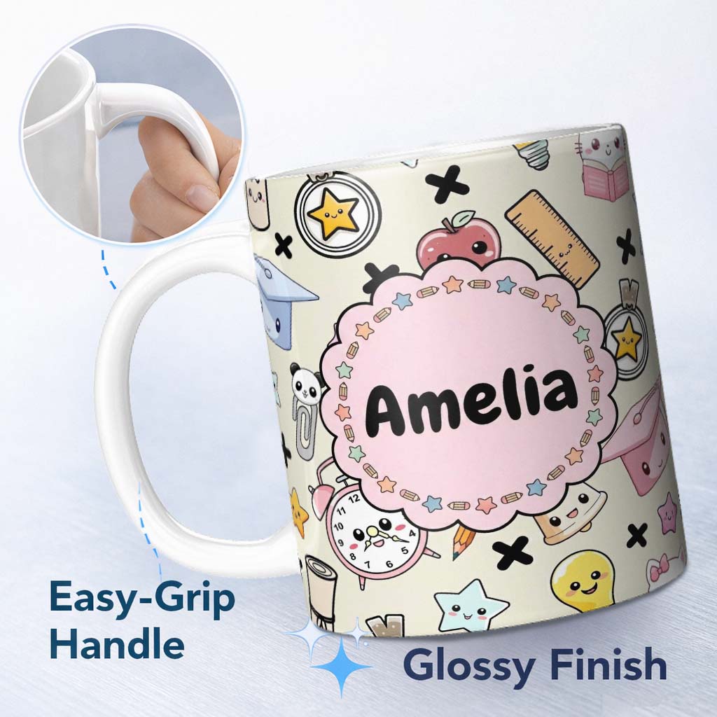 Personalized Custom Name Cute Kawaii School Cat Books Apple Clock Supplies Pattern Cream 11oz Ceramic Coffee Tea Mug White Large Handle
