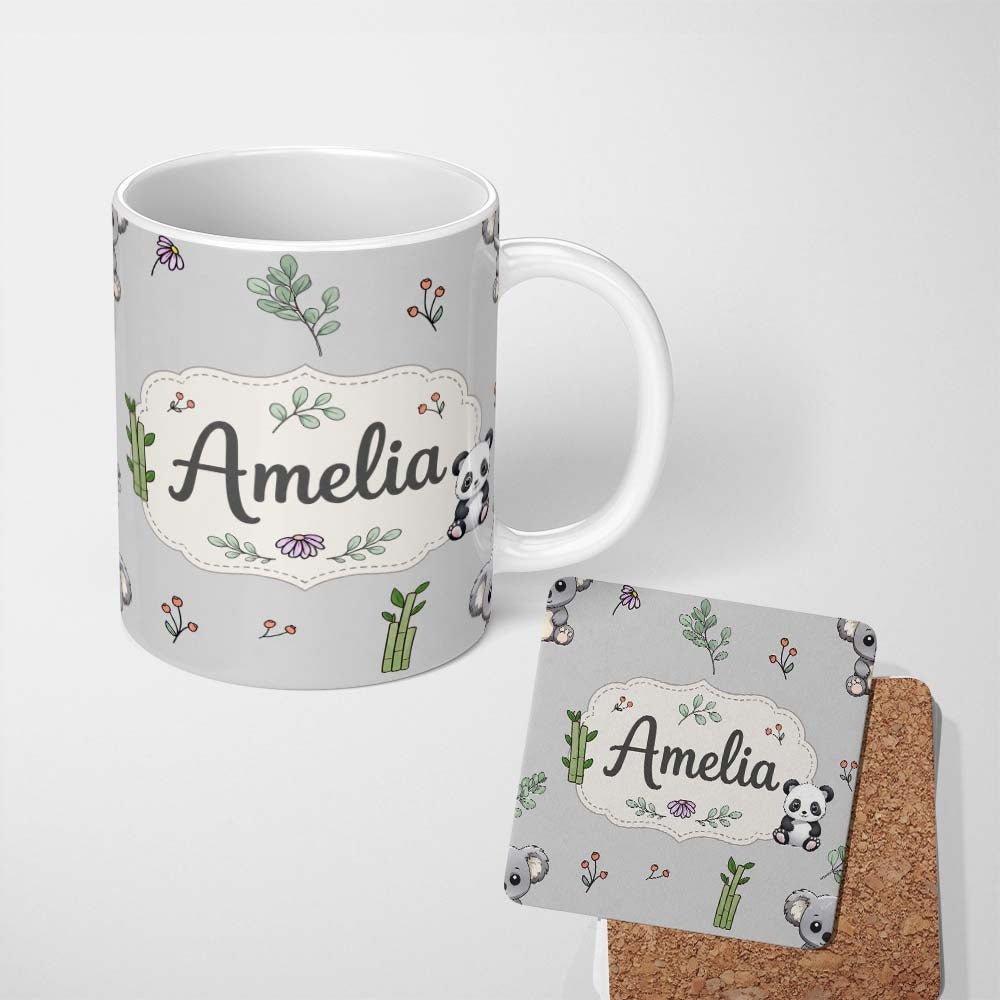 Personalized Custom Name Cute Panda Bear with Bamboo Leaves Floral Seamless Pattern Grey 11oz Ceramic Coffee Tea Mug White Large Handle