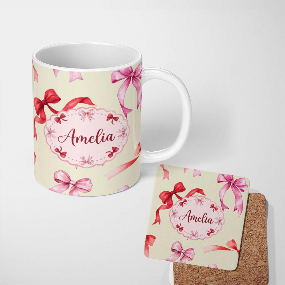 Personalized Custom Name Watercolor Ribbon Bow Seamless Pattern on Cream Background Lovely 11oz Ceramic Coffee Tea Mug White Large Handle