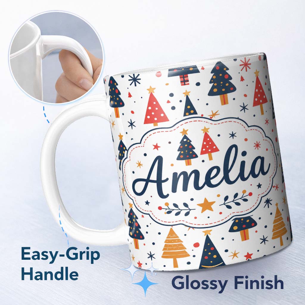 Personalized Custom Name Minimal Christmas Trees Red Blue Yellow Stars Modern Seamless Lovely 11oz Ceramic Coffee Tea Mug White Large Handle