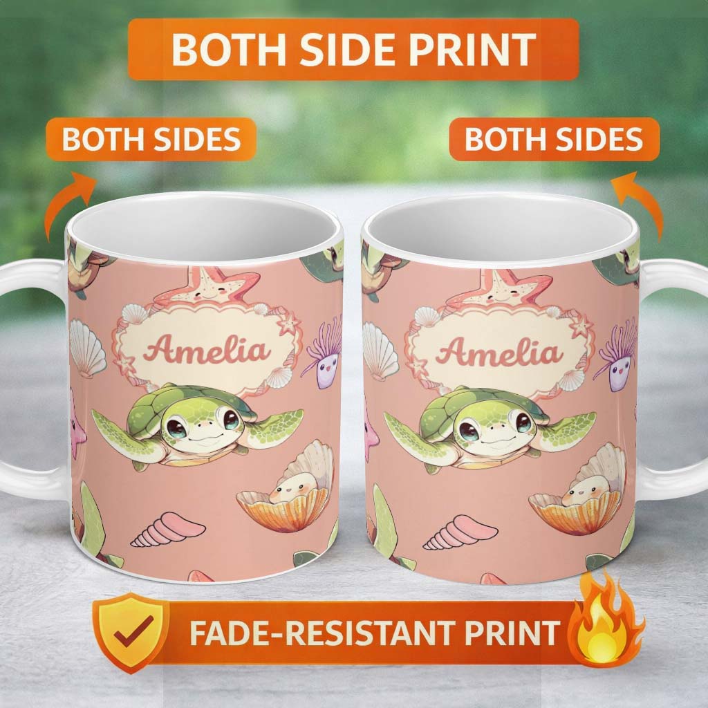 Personalized Custom Name Cute Sea Turtle Starfish Shell Kawaii Ocean Seamless Pattern Peach 11oz Ceramic Coffee Tea Mug White Large Handle