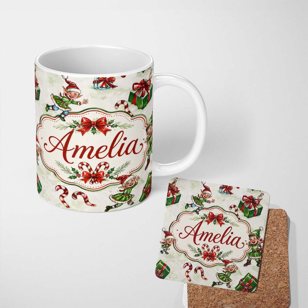 Personalized Custom Name Playful Christmas Elves Gifts Candy Cane Festive Seamless Pattern 11oz Ceramic Coffee Tea Mug White Large Handle