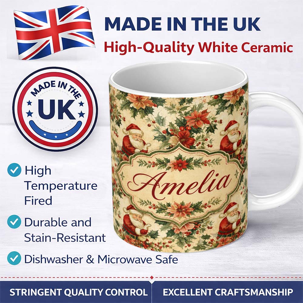 Personalized Custom Name Vintage Santa Claus Holly Leaves Floral Christmas Seamless Pattern 11oz Ceramic Coffee Tea Mug White Large Handle