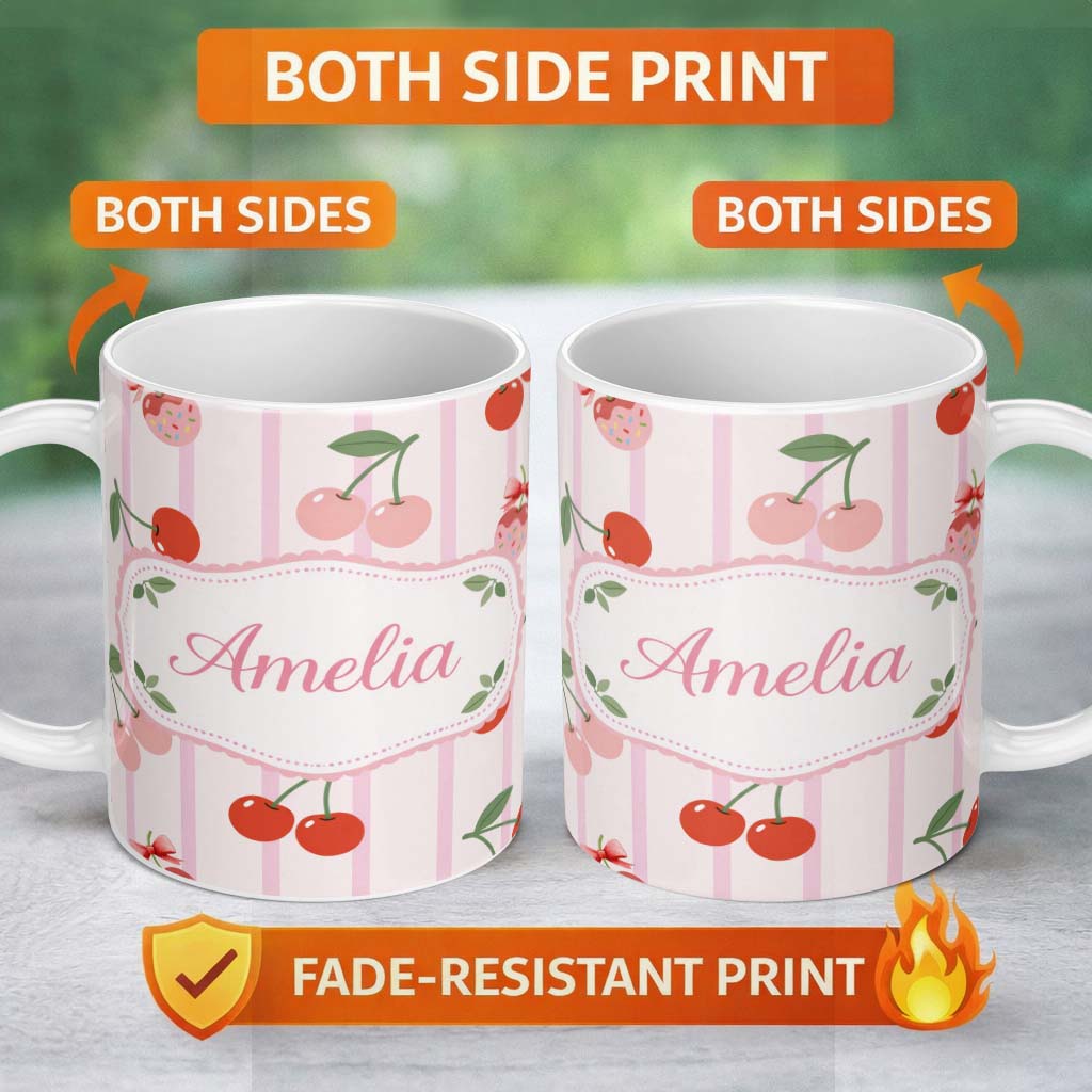 Personalized Custom Name Cherry Fruit Vertical Stripe Pink Background Seamless Pattern Lovely 11oz Ceramic Coffee Tea Mug White Large Handle