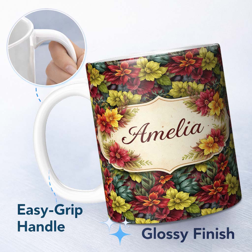 Personalized Custom Name Vibrant Red Yellow Poinsettia Floral Seamless Pattern Lovely 11oz Ceramic Coffee Tea Mug White Large Handle