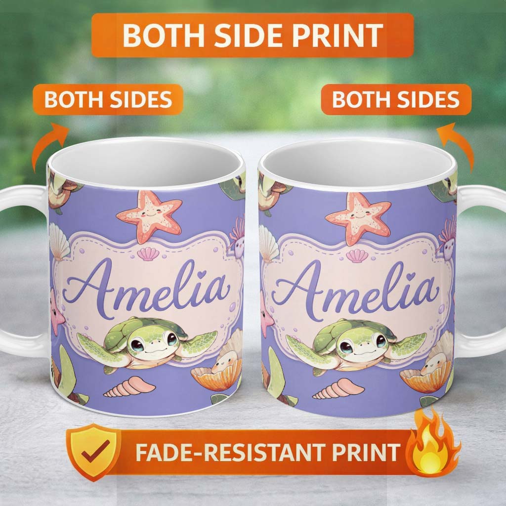 Personalized Custom Name Cute Cartoon Sea Turtle Starfish Shells on Purple Background Lovely 11oz Ceramic Coffee Tea Mug White Large Handle