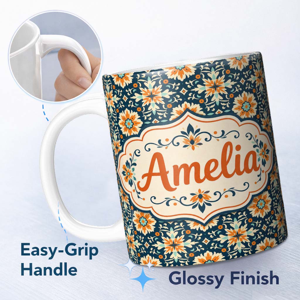 Personalized Custom Name Beige Brown Vintage Floral Tile Classic Seamless Pattern Lovely 11oz Ceramic Coffee Tea Mug White Large Handle